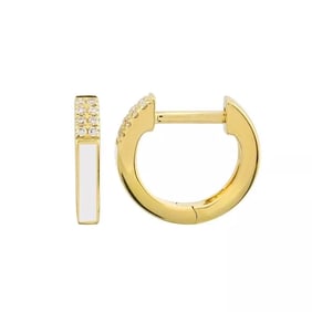 White Enamel Pave Diamond Thin Huggie Earrings 14K Yellow Gold, .08 CTW
