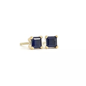 Small Square Princess Cut Blue Sapphire Stud Earrings 14K Yellow Gold, .36 CTW