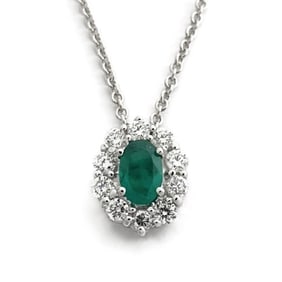Oval Green Emerald Diamond Halo Gemstone Pendant Necklace 14K White Gold .90 CTW