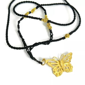 Butterfly Pendant Long Black Cord Necklace 24K Yellow Gold, 28 Inches, 8.26 Gram