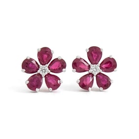 Ruby Diamond Cluster Pear Flower Stud Earrings 18K White Gold, 2.41 CTW