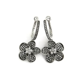 Black Diamond Flower Dangle Drop Earrings 14K White Gold, .79 CTW