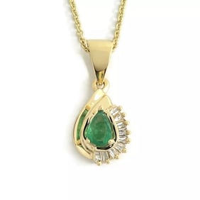 Emerald Diamond Gemstone Teardrop Pendant Necklace 14K Yellow Gold, 3.98 Grams
