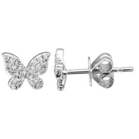 Small Pave Diamond Butterfly Stud Earrings 14K White Gold, .15 CTW