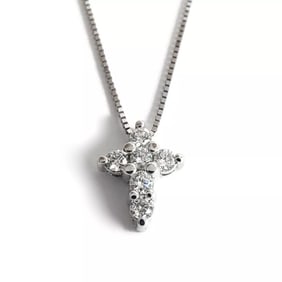 Small Diamond Cross Religious Pendant Necklace 14K White Gold, .36 CTW, 2.58 Gr