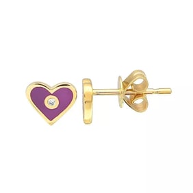 Purple Enamel Heart Diamond Stud Earrings 14K Yellow Gold .02 CTW