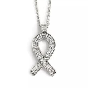 Diamond Breast Cancer Awareness Ribbon Pendant Necklace 14K White Gold, .45 CTW