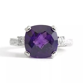 Cushion Purple Amethyst Diamond Gemstone Statement Ring 18K White Gold, 2.89 CTW
