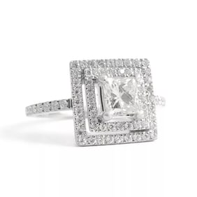 Princess Cut Double Halo Diamond Platinum Engagement Ring 1.07 CTW, 6.85 Grams