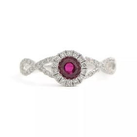 Round Ruby Diamond Halo Gemstone Ring 14K White Gold, .55 CTW
