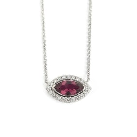 Marquise Pink Tourmaline Diamond Halo Pendant Necklace 14K White Gold, 1.27 CTW
