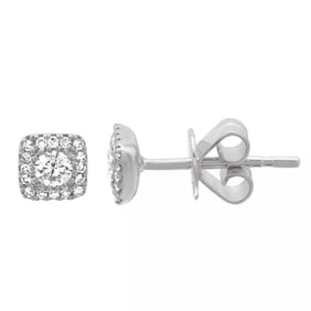 Square Cushion Halo Diamond Cluster Stud Earrings 14K White Gold .30 CTW