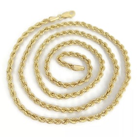 Long Rope Chain Necklace 14K Yellow Gold, 24 Inches, 3.3 mm, 6.44 Grams