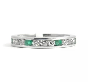 Emerald Diamond Eternity Band Ring 14K White Gold,1.00 CTW, Size 5, 2.37 Grams