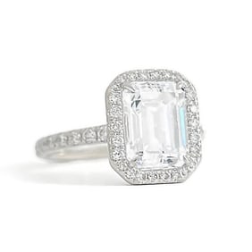 Emerald Cut CZ Diamond Halo Engagement Ring 14K White Gold, 2.78 Grams