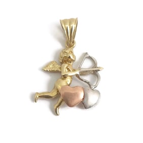 Cupid Cherub Bow Arrow Hearts Necklace Pendant 14K Yellow Rose Gold, 4.36 Gr