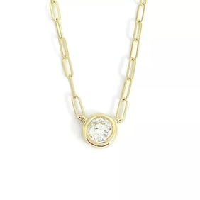 GIA Round Bezel Solitaire Diamond Paperclip Necklace 14K Yellow Gold .70 CT