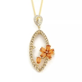 Orange Sapphire Diamond Flower Pendant Necklace 14K Yellow Gold, 2.27 ctw