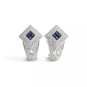 Sapphire Diamond Filigree Drop Earrings 18K White Gold, .75 CTW