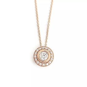 Round Diamond Bezel Halo Pendant Necklace 14K Pink Rose Gold, .52 CTW