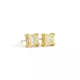 Square Princess Cut Fancy Yellow Diamond Stud Earrings, 18K Yellow Gold, .50 CTW