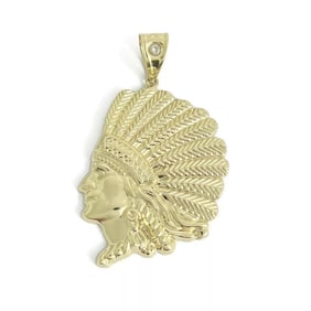 Large Native American Headdress Necklace Pendant 10K Yellow Gold, 7.40 Grams
