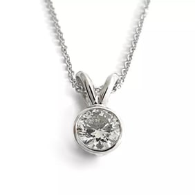 Round Diamond Solitaire Bezel Pendant Necklace 14K White Gold, .60 CT, 2.20 Gram