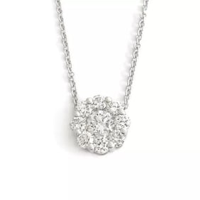 Round Diamond Cluster Halo Pendant Necklace 14K White Gold, .77 CTW