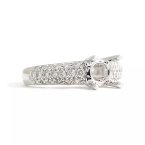 Round Pave Diamond Engagement Ring Setting Mounting 18K White Gold .37 CTW