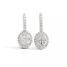 Oval Diamond Halo Cluster Drop Earrings 14K White Gold 1.01 CTW