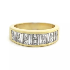 Invisible Baguette Princess Diamond Dome Band Ring 18K Yellow Gold, 1.35 CTW