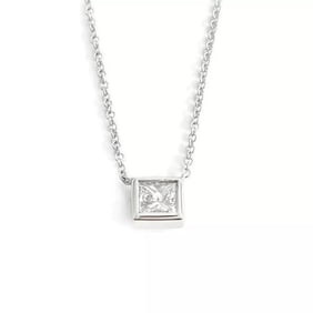 GIA Princess Bezel Solitaire Diamond Pendant Necklace 14K White Gold .46 CT