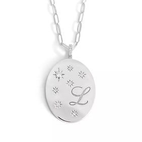Letter L Initial Diamond Disk Paperclip Pendant Necklace 14K White Gold .11 CTW