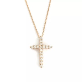 Small Diamond Cross Religious Pendant Necklace 14K Rose Gold .16 CTW