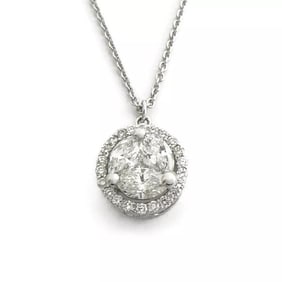 Marquise Diamond Cluster Round Halo Pendant Necklace 14K White Gold 1.53 CTW