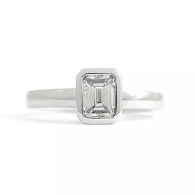 Emerald Cut Bezel Solitaire Diamond Engagement Ring 18K White Gold .51 CT