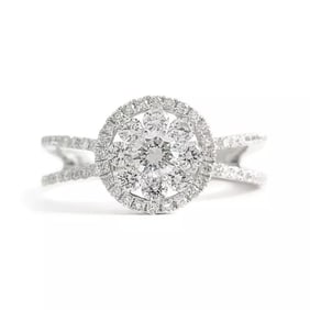 Flower Cluster Split Shank Halo Diamond Engagement Ring 18K White Gold .90 CTW