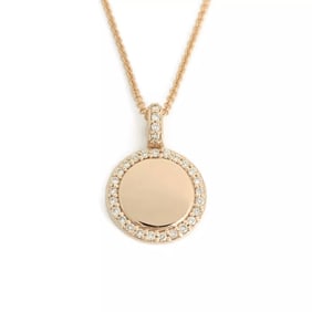 Engravable Round Disc Diamond Halo Pendant Necklace 14K Pink Rose Gold .30 CTW