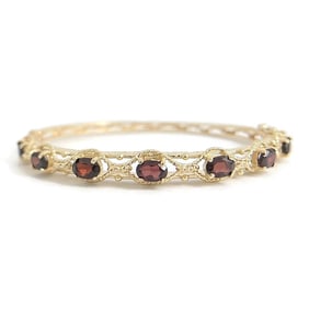 Oval Garnet Gemstone Filigree Bangle Bracelet 14K Yellow Gold, 13.32 Grams
