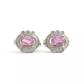 Oval Pink Sapphire Diamond Halo Gemstone Huggie Earrings 14K White Gold 1.26 CTW