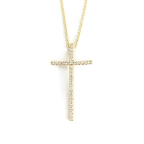 Long Thin Diamond Cross Pendant Necklace 14K Yellow Gold, .27 CTW