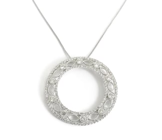 Italian Diamond Open Circle Filigree Pendant Necklace 18K White Gold, 1.14 CTW