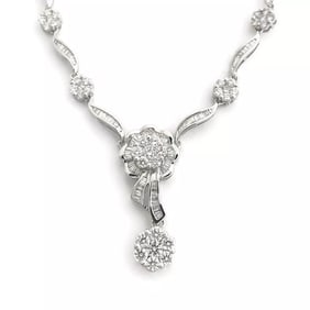 Flower Cluster Diamond Pendant Y Lariat Necklace 18K White Gold 2.29 CTW 13.84 G