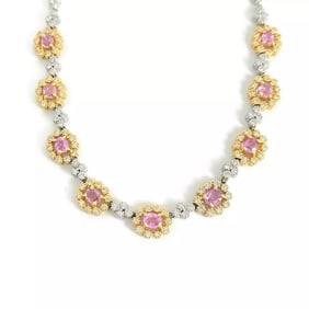 Two-Tone Pink Sapphire Diamond Halo Fancy Necklace 14K Yellow White Gold 6.00 TW