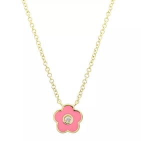 Pink Enamel Flower Diamond Pendant Necklace 14K Yellow Gold, .03 CT