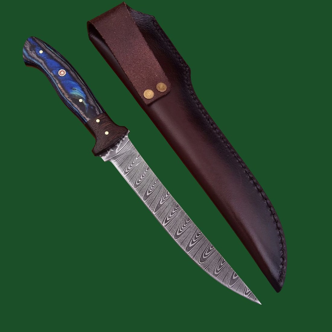 Damascus Steel Fillet Knife Swirled Grip Handle: Title: Damascus Steel Fillet Knife Swirled Grip Handle Description:This is a Damascus steel fillet knife, suitable for hunting, fishing, or kitchen use. The long, slender blade is made of Damascus ste