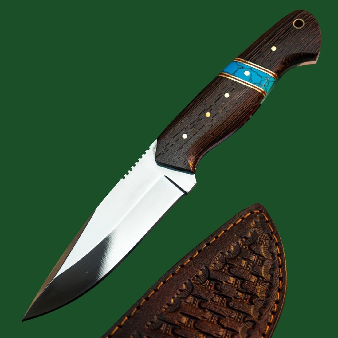 Stainless Steel Blade Knife Wenge Wood Handle: Title: Stainless Steel Blade Knife Wenge Wood Handle Description:This fixed blade knife showcases a polished stainless steel blade with a sleek, sharp profile. The handle is crafted from dark wenge wo