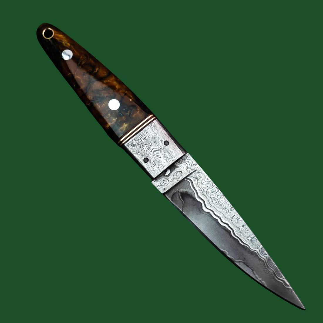 Wood Handle Leather Sheath Damascus Steel Knife: Title: Wood Handle Leather Sheath Damascus Steel Knife Description:This is a handmade hunting knife with a full tang. The blade is made of Damascus steel with a distinct and complex wavy pattern. The 