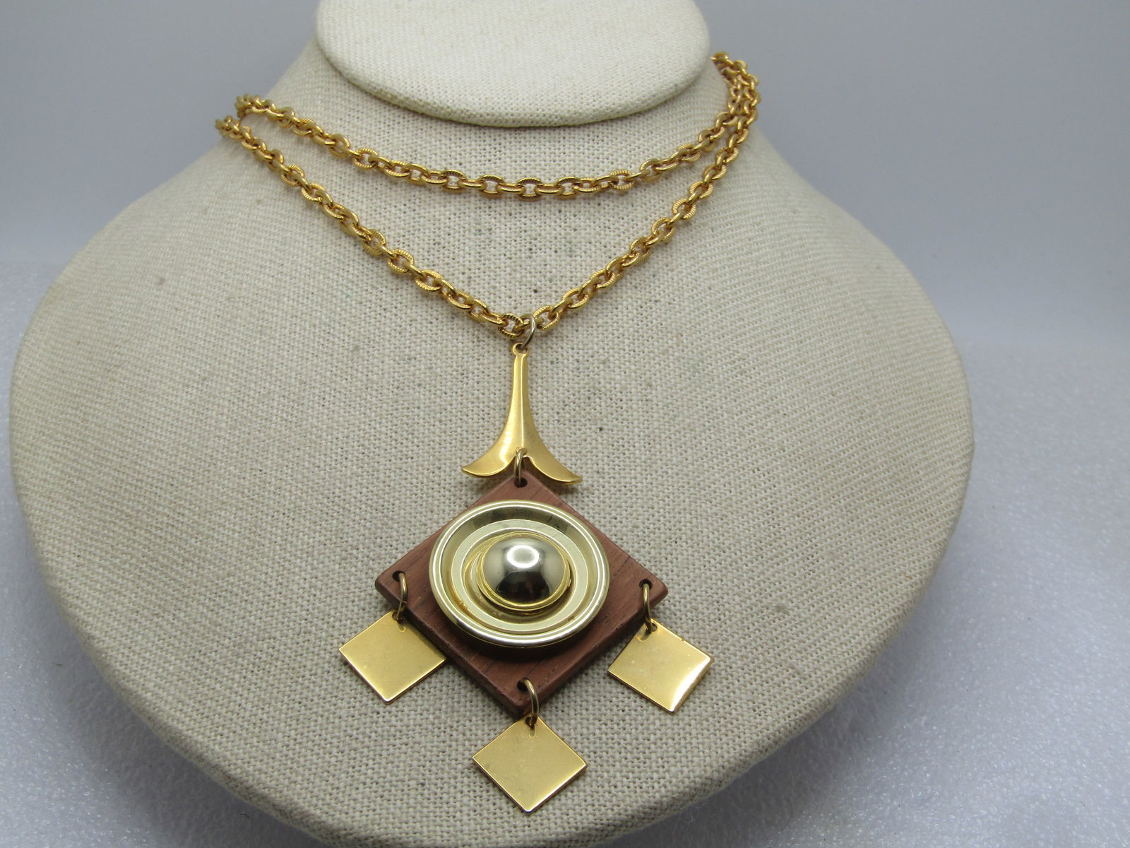 Vintage Mod Dangle Necklace, Mid-Century, Wood & Metal, 30"