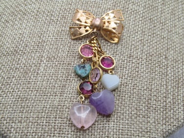 Vintage Heart Bow Brooch, Dangling Stone Strands, 1960's-1970's